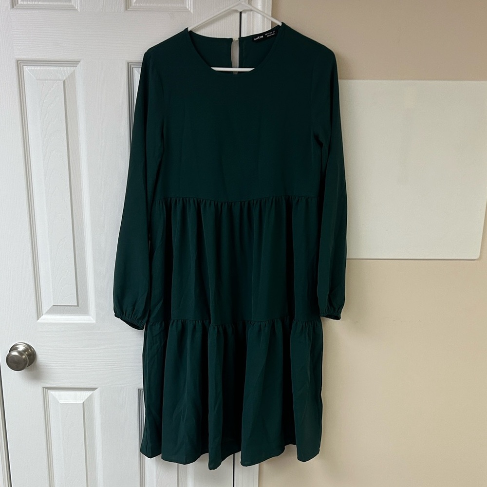 SHEIN Green Tiered Smock Dress Long Sleeves